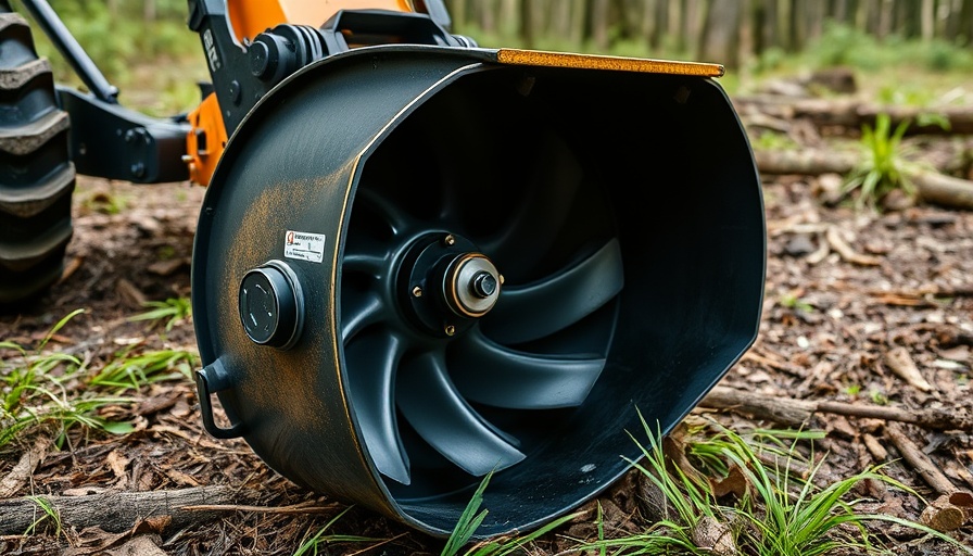 Drum mulcher attachment with sharp blades on forest ground.