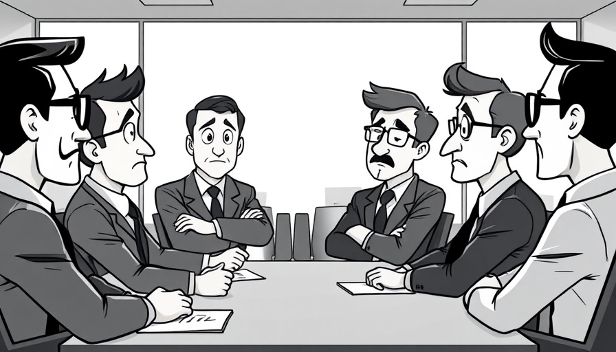 Cartoon businessmen in office meeting about self-awareness.