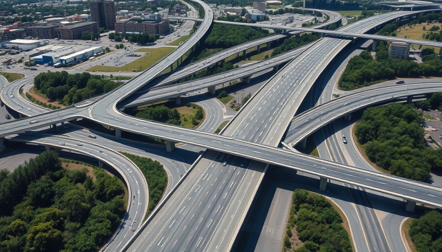 Aerial view of I-95 bridge replacements in Connecticut over lush landscape.