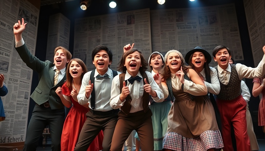 Energetic young actors performing on stage at Broadway Dallas High School Musical Theatre Awards.
