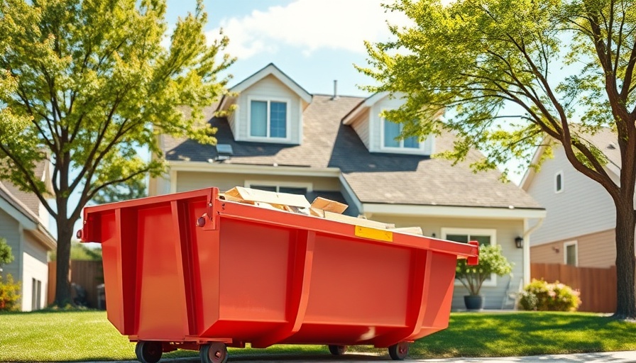 Efficient waste management in roofing projects, featuring a red dumpster.
