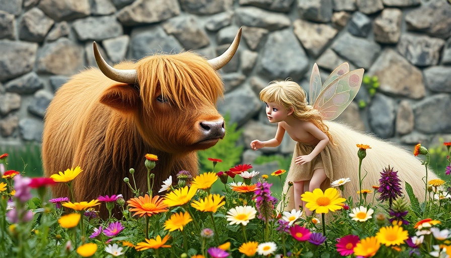 Whimsical scene with a fairy and cow in a flower garden.