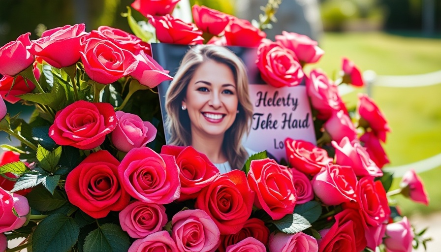 Floral memorial with roses and heartfelt note.