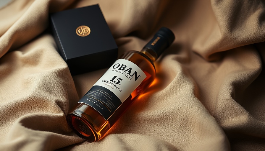Oban 15 Cask Strength whiskey bottle with packaging on beige fabric.