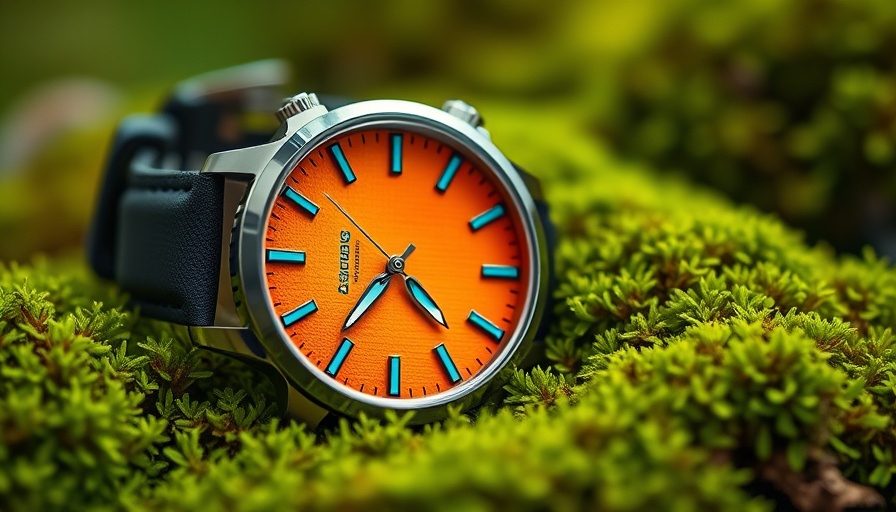 Elegant wristwatch, Jurassic Watch concept, orange dial close-up.