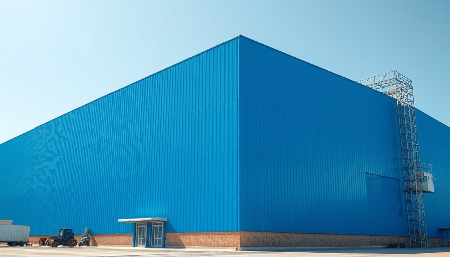 Cold storage facility roof in blue with clear sky.