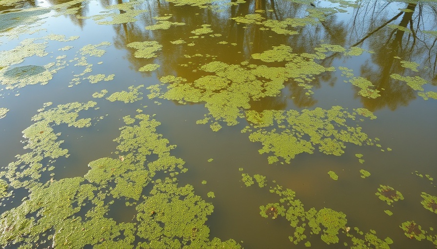 Algae-covered polluted water surface depicting wastewater pollution Central Texas.