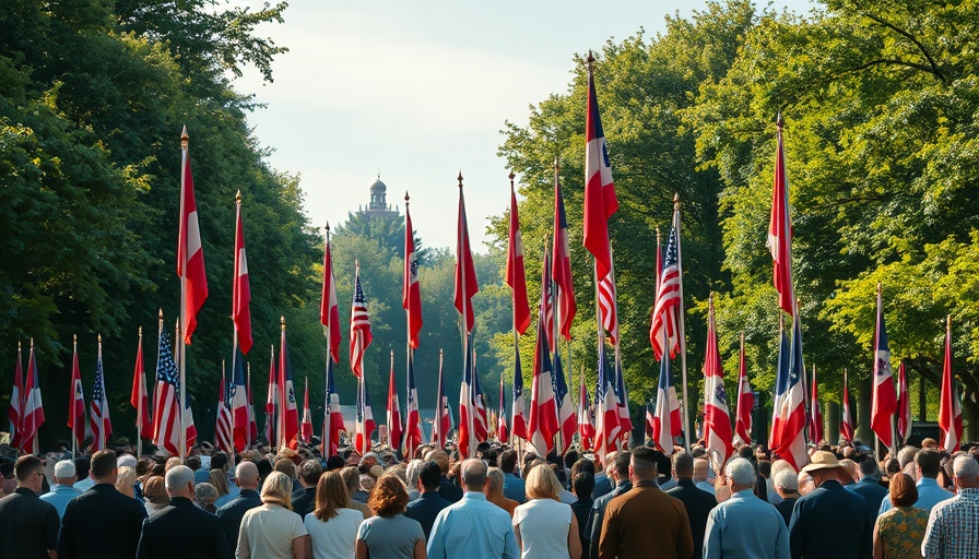 Workplace safety memorial gathering with flags in a scenic park.