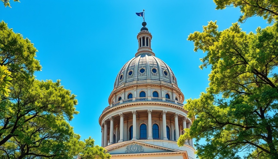 Texas State Capitol dome under blue sky, lush greenery framing.