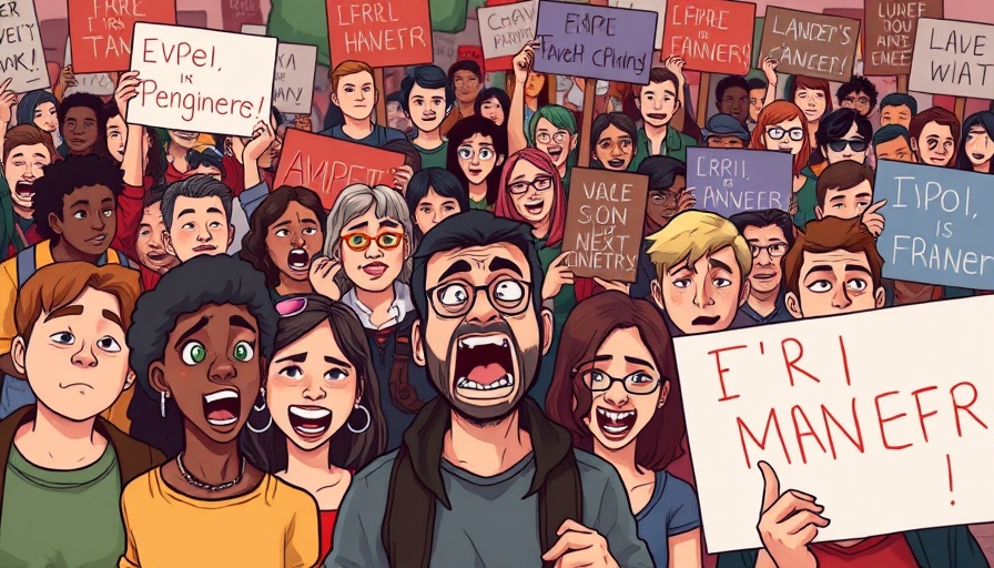Cartoon of protesters with conflicting signs depicting Latinidad and solidarity.