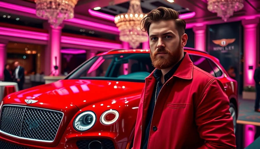 Stylish man with beard by a red Bentley Bentayga at indoor event.