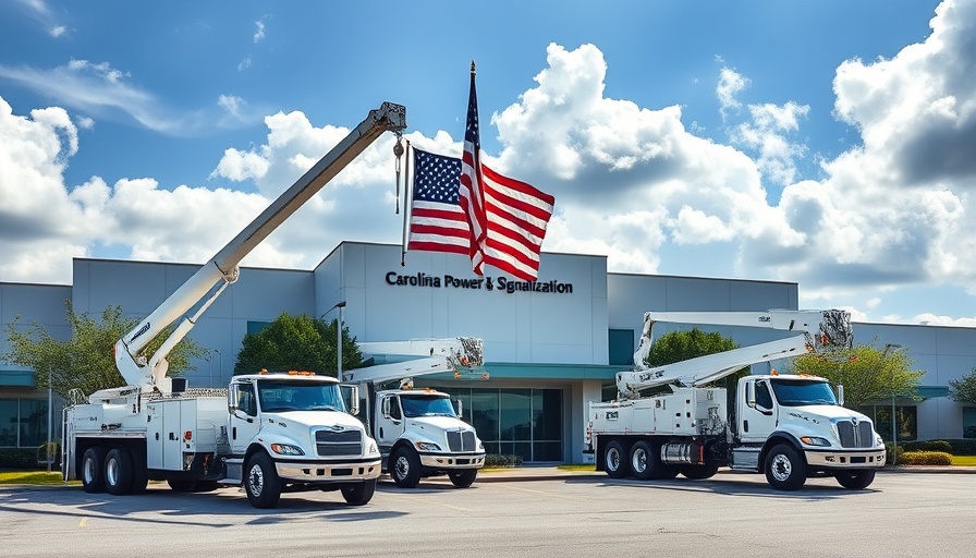 Utility trucks with American flag at Carolina Power for safety reform.