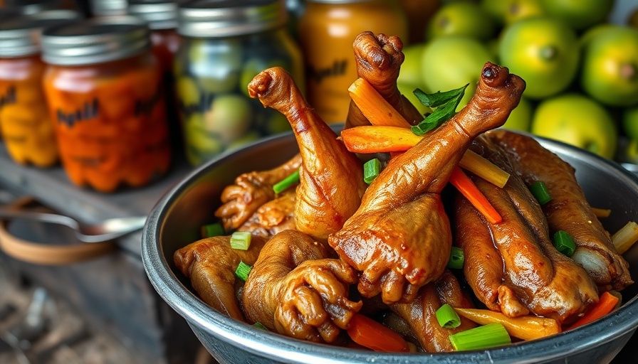 Traditional chicken feet dish with vegetables at a market, highlighting cultural diversity.