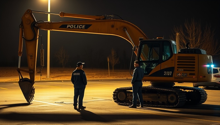 Construction equipment theft scene with police officers and excavator.
