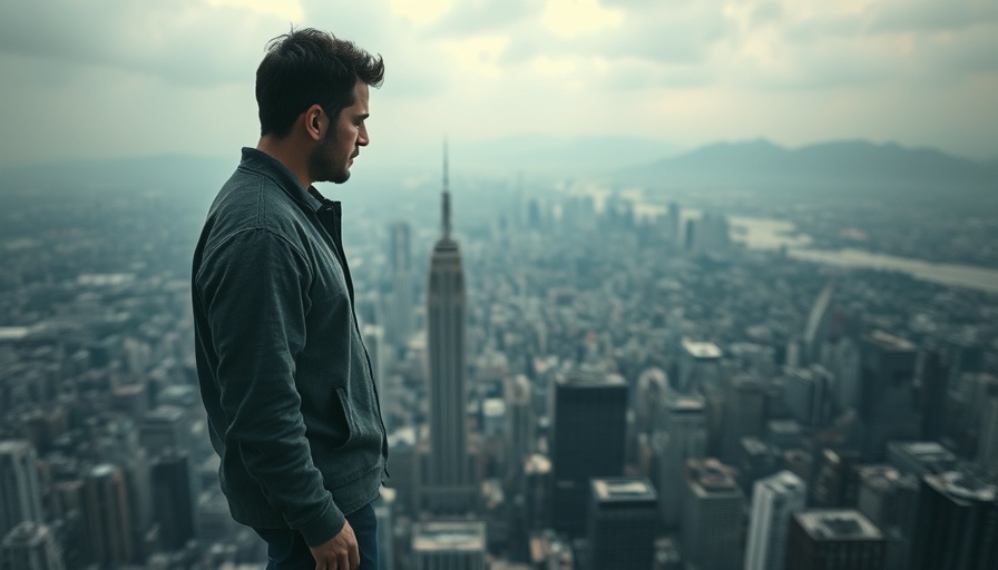 Solitary figure on skyscraper edge reflects on mental health.
