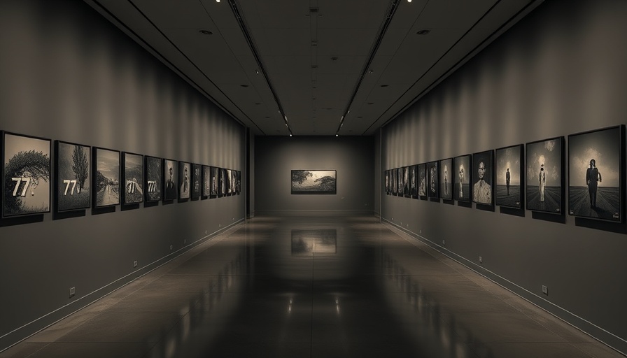 Somber gallery hallway featuring '77 Minutes' exhibition for Uvalde tragedy remembrance.