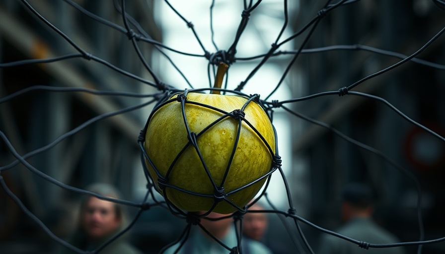 Green apple in wire cage representing antitrust challenges.