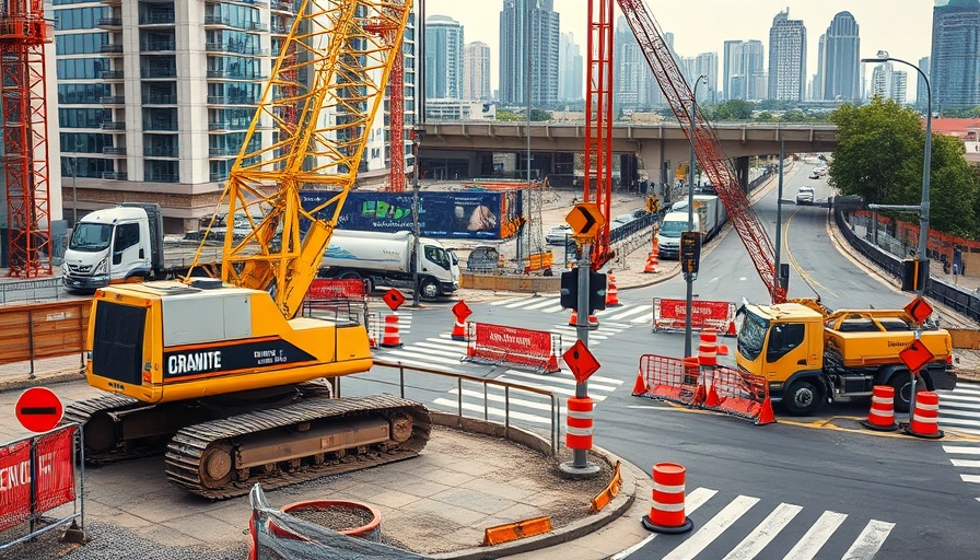 Urban construction site featuring Granite Construction equipment, highlighting traffic impact.