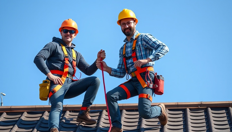 Construction workers using safety harnesses on a roof