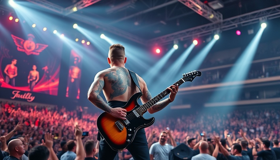 Tattooed guitarist performing on stage, spotlight, indoor arena.
