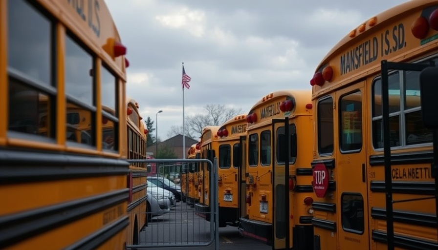Mansfield ISD school buses parked at dusk in a lot.