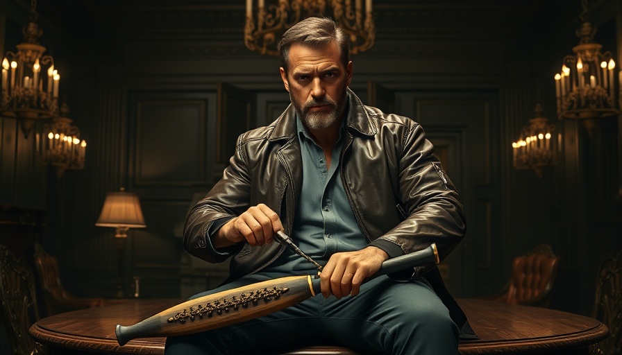 Rugged man holding bat in grand interior, The Walking Dead Dead City Scene.