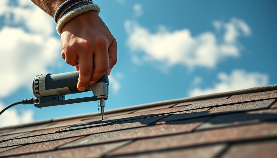Roof maintenance with hands nailing shingles against blue sky.