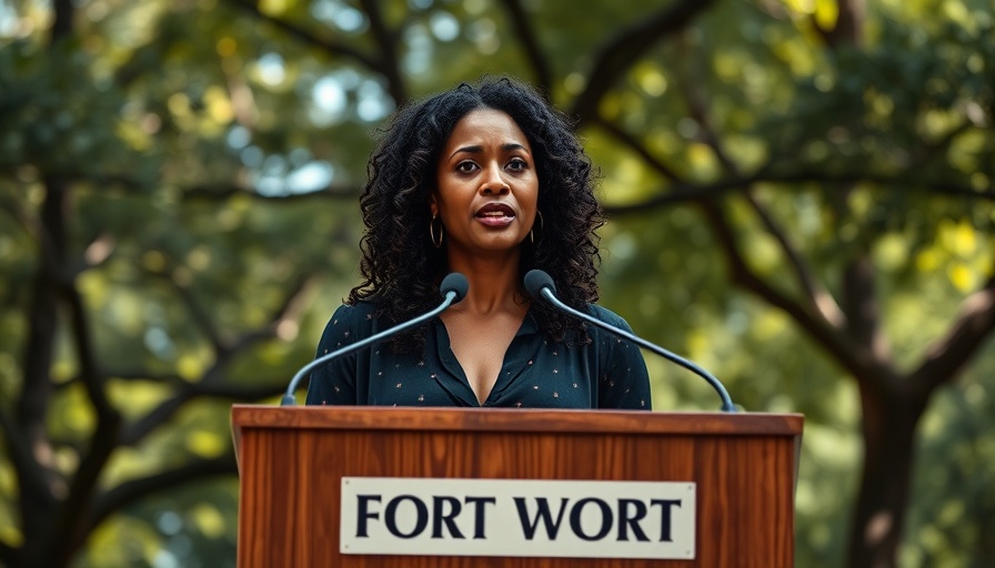 Confident woman speaks in Fort Worth park setting.