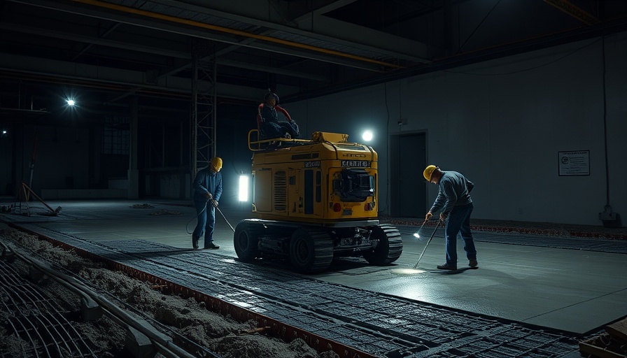Entry-level laser-guided concrete screed working on construction site at night.