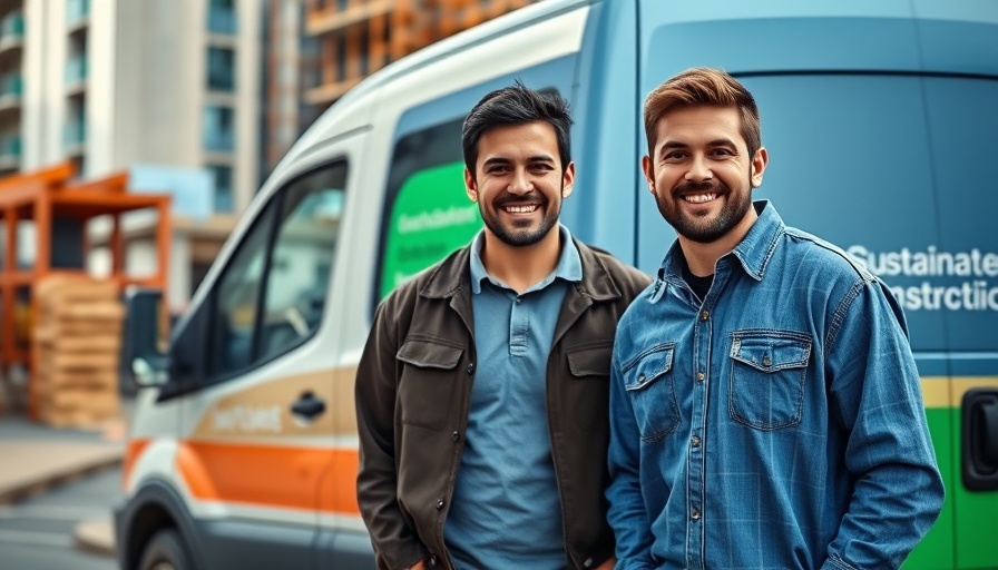 Men representing sustainable construction in New England by a van.