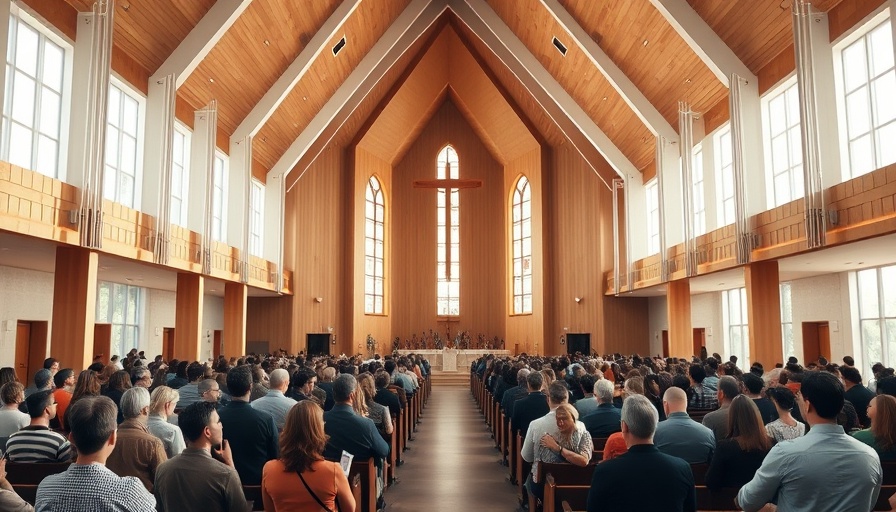 First American pope: congregation in modern church interior during mass.