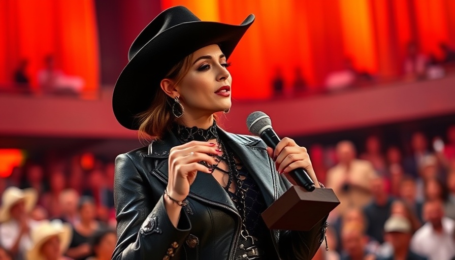 Stylish woman at ACM Awards 2025 receiving award on vibrant stage.