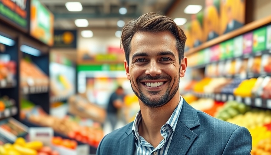 Confident businessman in colorful retail setting with text overlays.