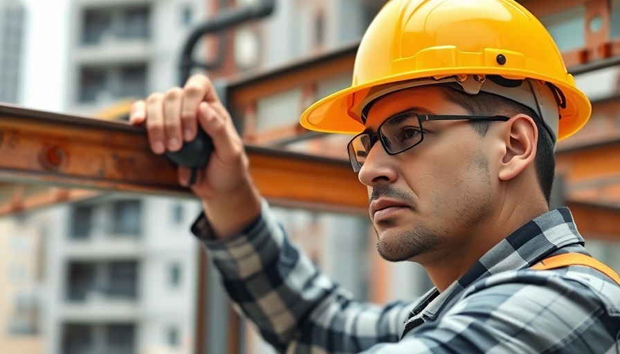 Focused worker adjusting beams on a construction site, natural light.