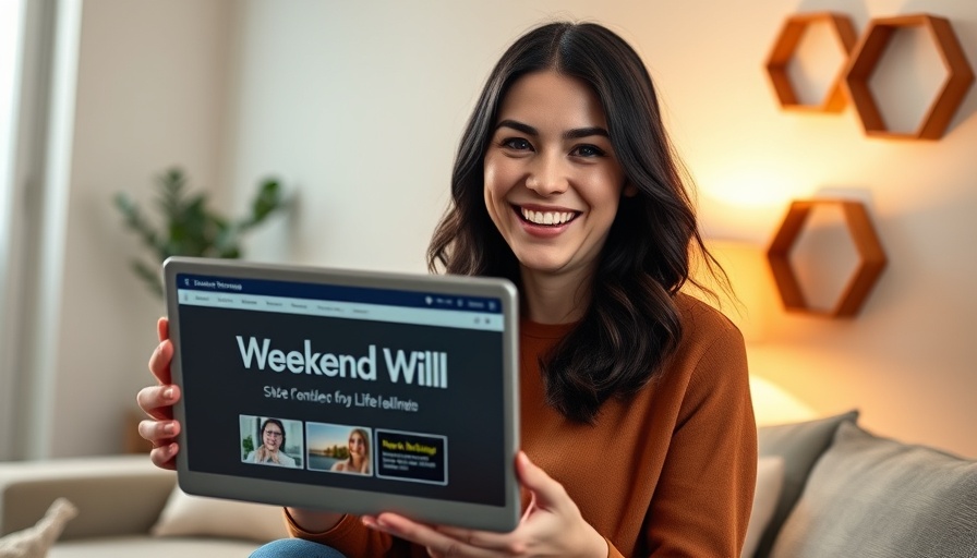 Smiling woman displaying Weekend Will estate planning site on laptop.