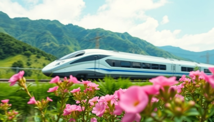 Sleek train in scenic landscape with vibrant pink flowers.