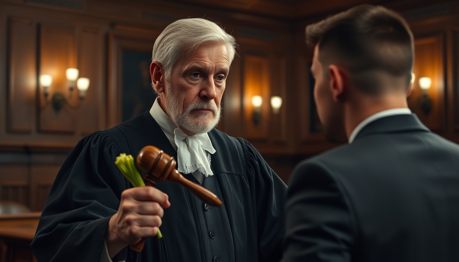Stern judge with celery and gavel in a humorous courtroom scene