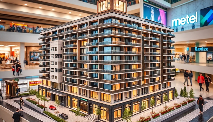 Scale model of a modern apartment complex in a public area.