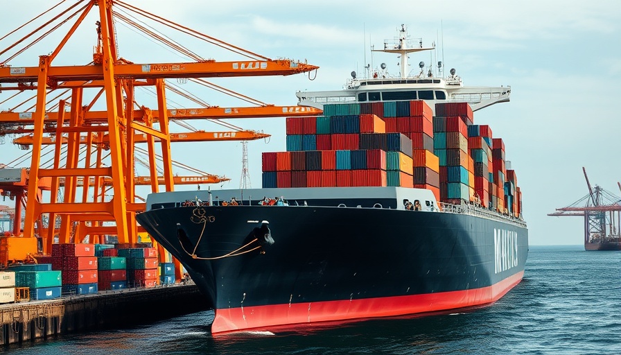 Large cargo ship with containers in port representing impact of tariff on roofing costs.