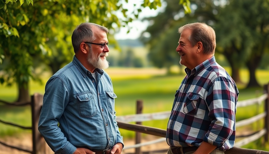 Men discussing agriculture occupational health and safety on farm.