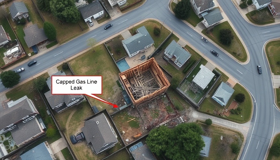 Aerial view of gas line leak and destruction; unmarked gas line lawsuit scene.
