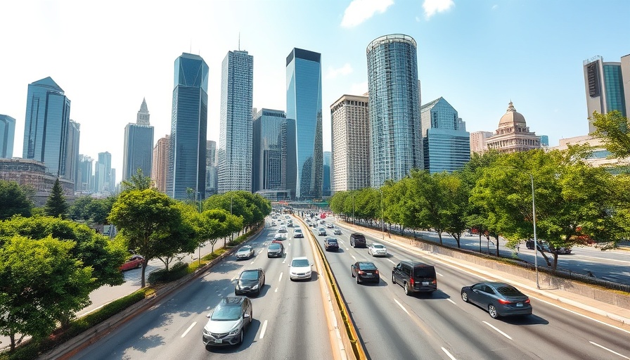 Cars on Texas highway with skyscrapers, symbolizing full coverage car insurance needs.