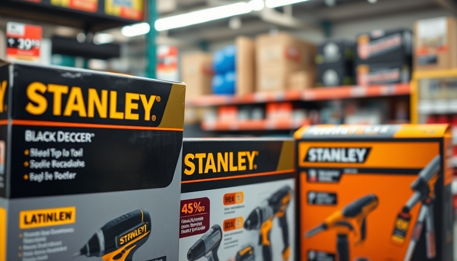 Stanley and Black & Decker tool packaging on store shelf.
