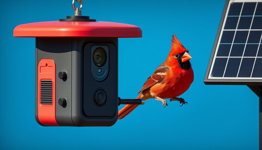 Smart Bird Feeder with Camera capturing Northern Cardinal on blue background.