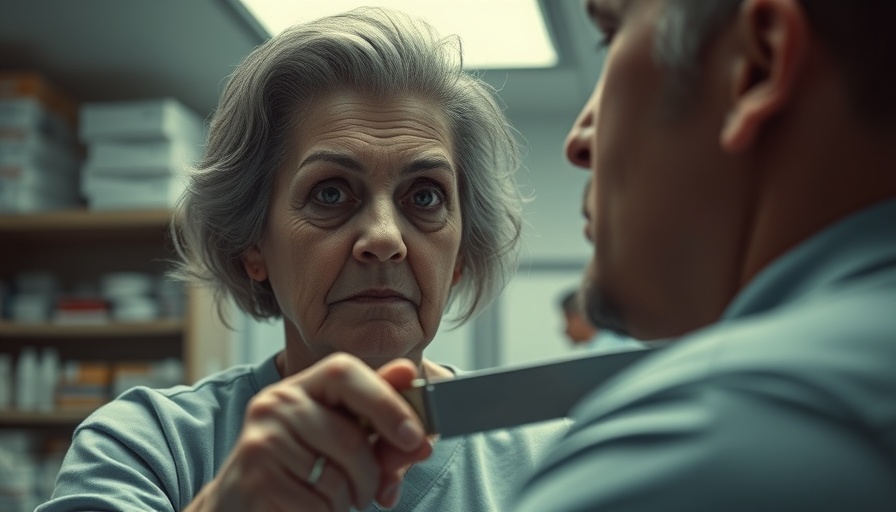 The Old Woman With a Knife in tense scene holding knife to man's throat.