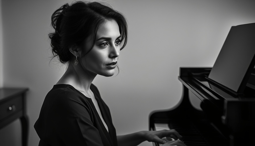 Expressive portrait of a woman reflecting on music, black and white.