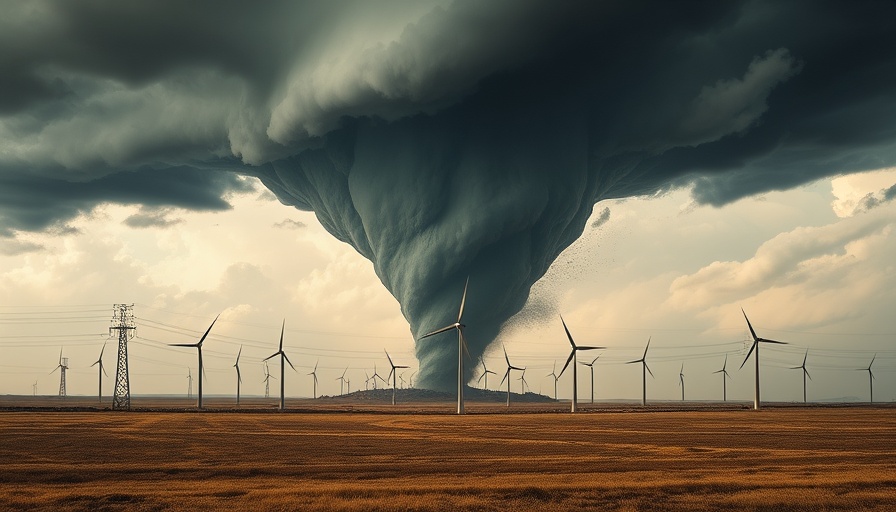 Tornado near wind turbines demonstrating storm chasing challenges.