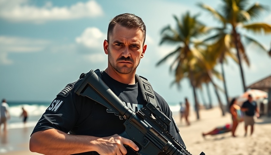 S.W.A.T. Exiles officer on beach with rifle, intense look