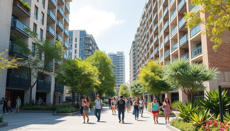 Theatre District Living Learning Neighborhood campus with students and buildings