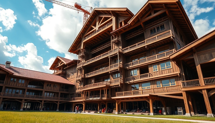 Mass Timber Shaft Wall System, large wooden building under cloudy sky.